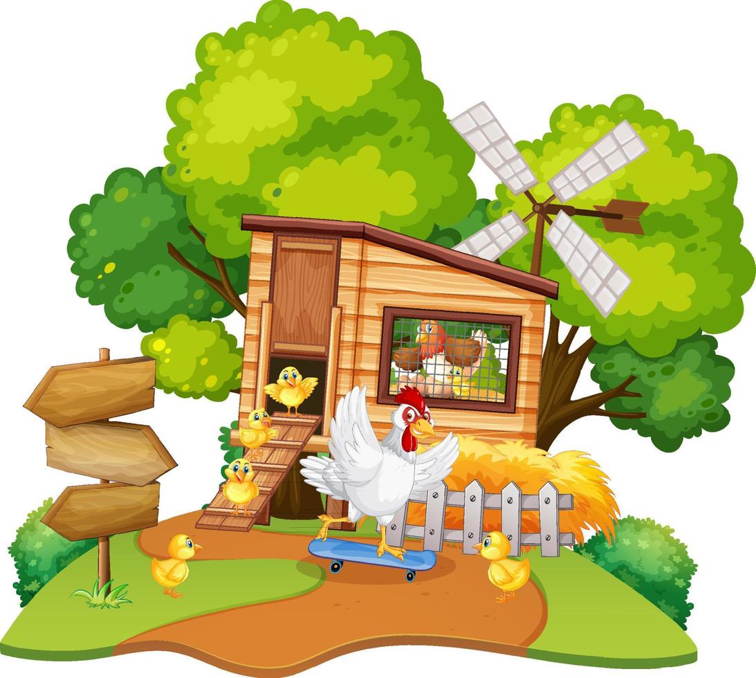 An isolated scene with a group of chickens in cartoon style vector