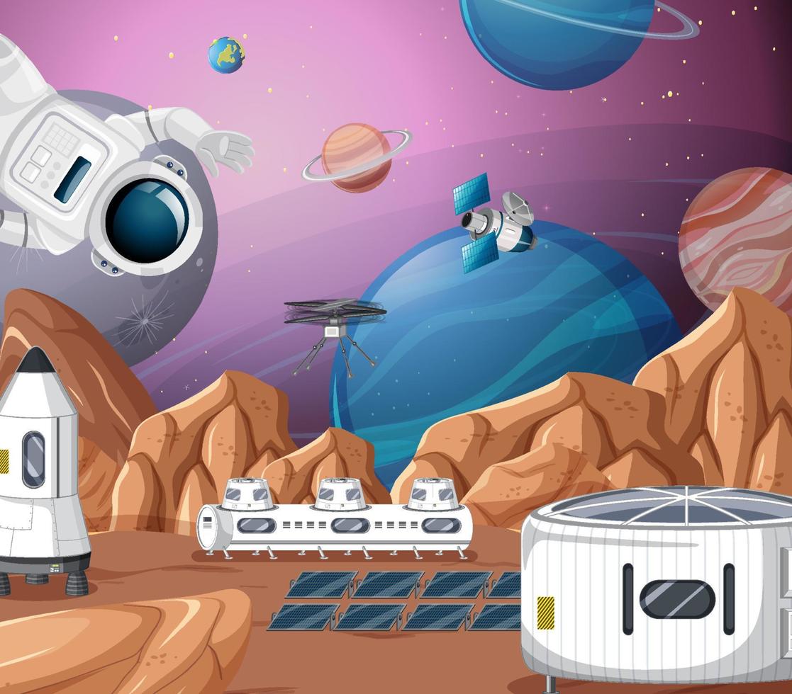 Landscape of planet surface with colony buildings vector