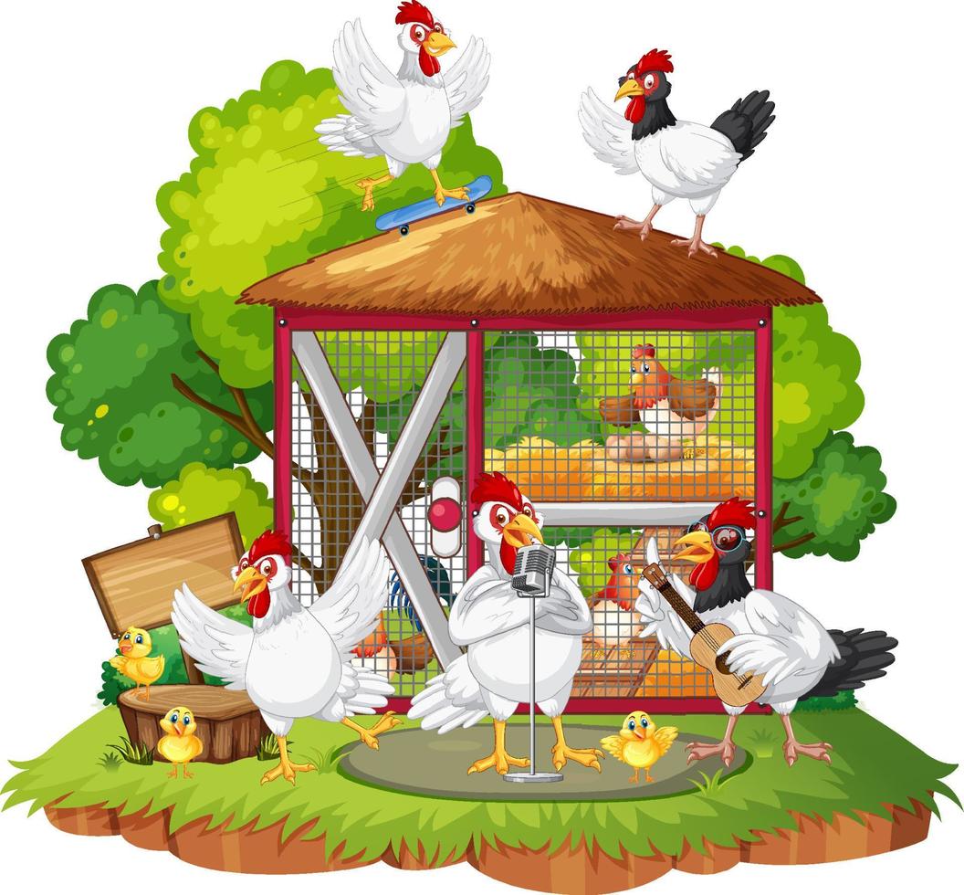 An isolated scene with a group of chickens in cartoon style vector