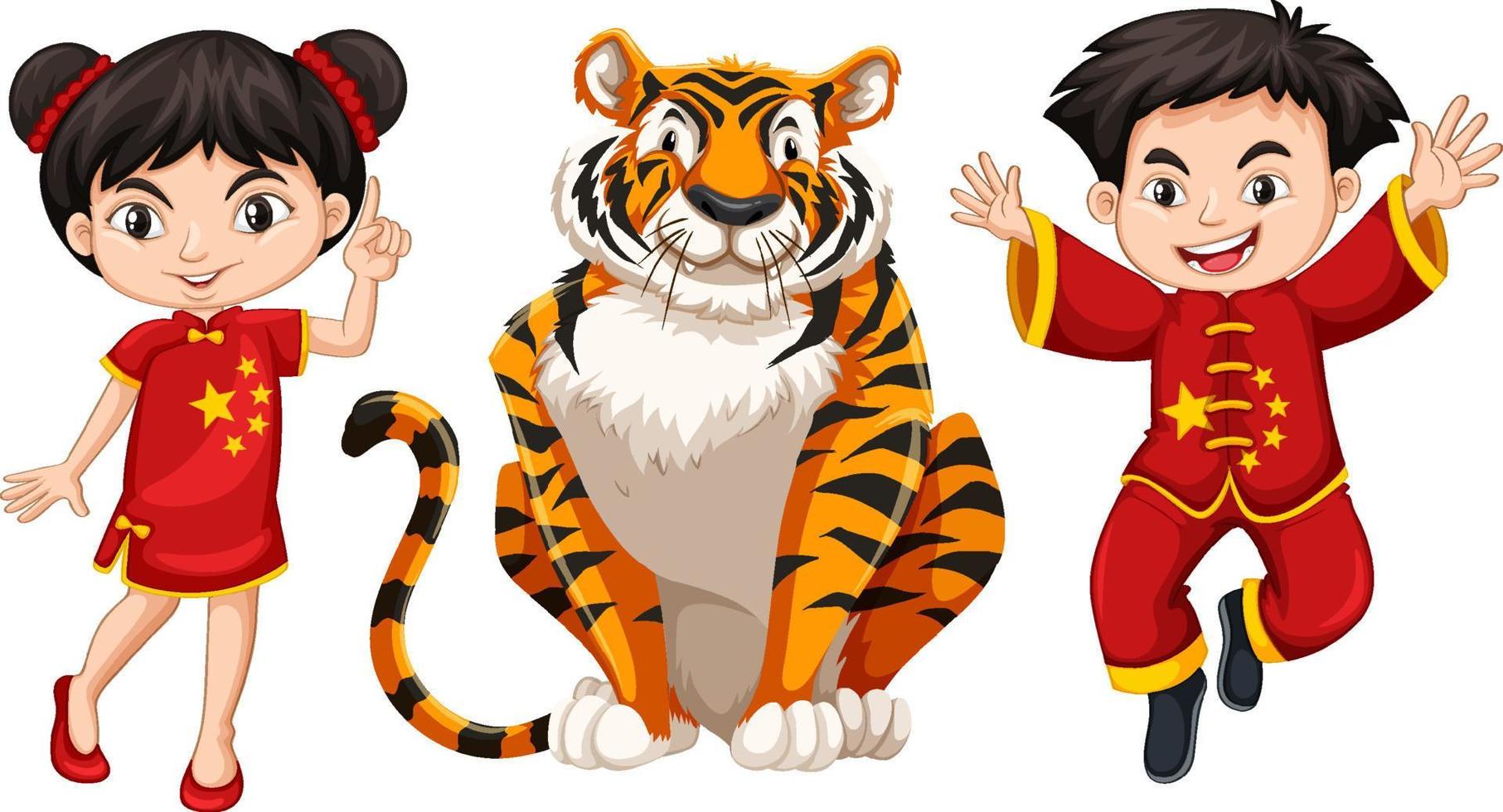 niño y niña chinos con tigre salvaje vector