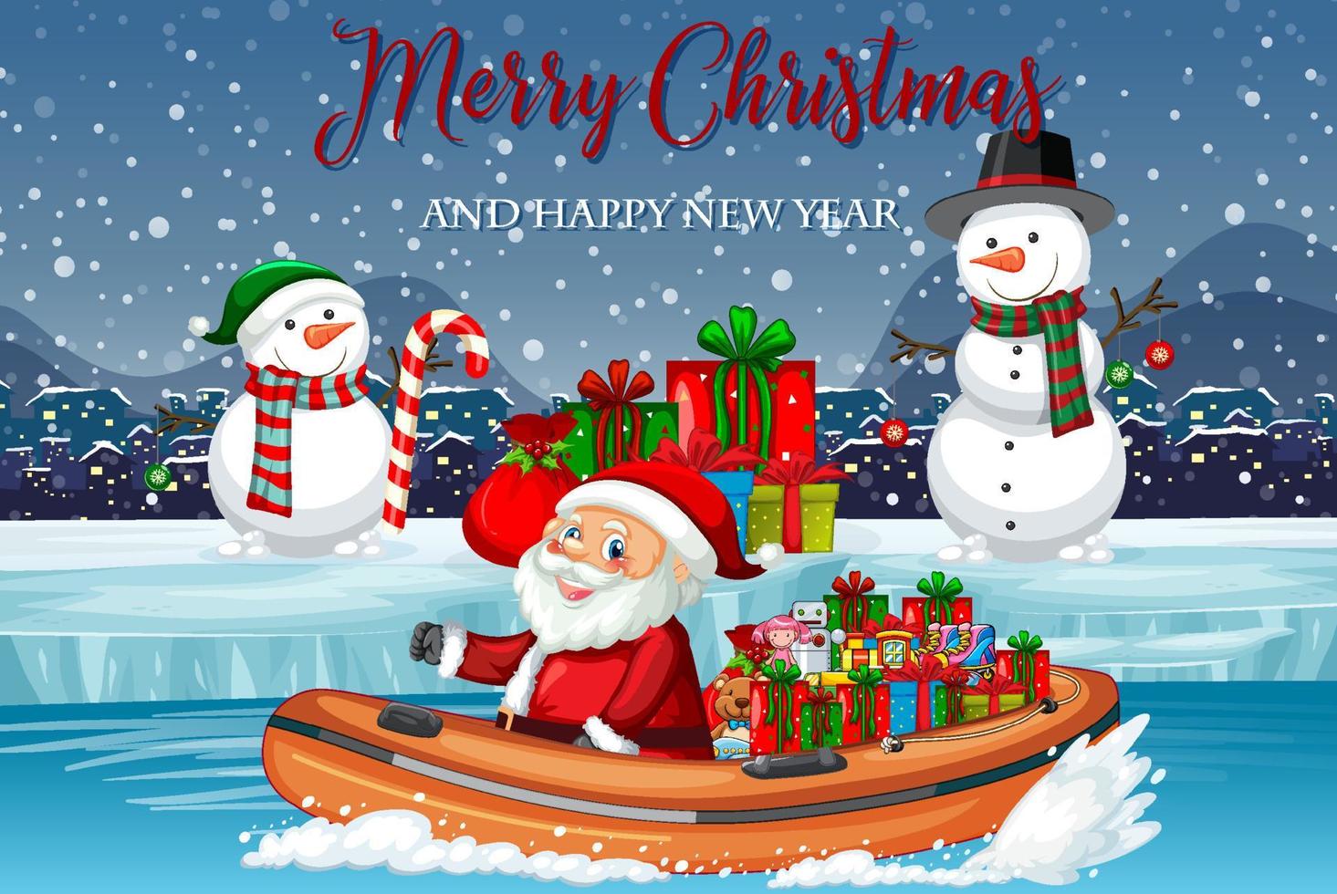 Merry Christmas poster with Santa delivering gifts by boat vector