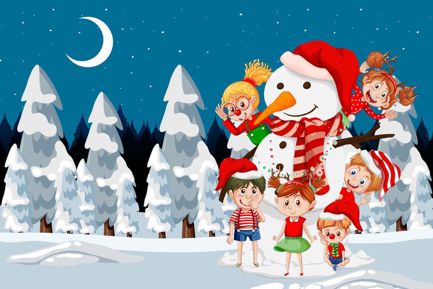 escena nocturna nevada con muñeco de nieve navideño con niños vector