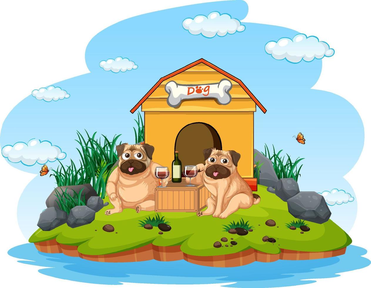 Two pugs drinking wine by the doghouse vector