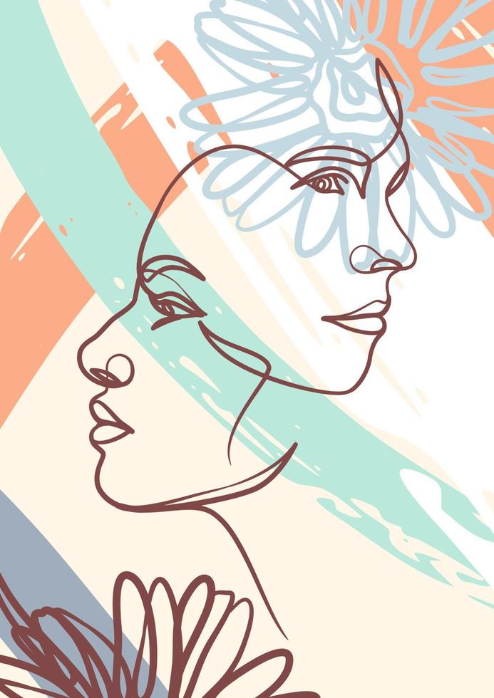 Woman face one line art drawing poster. Continuous line drawing style vector