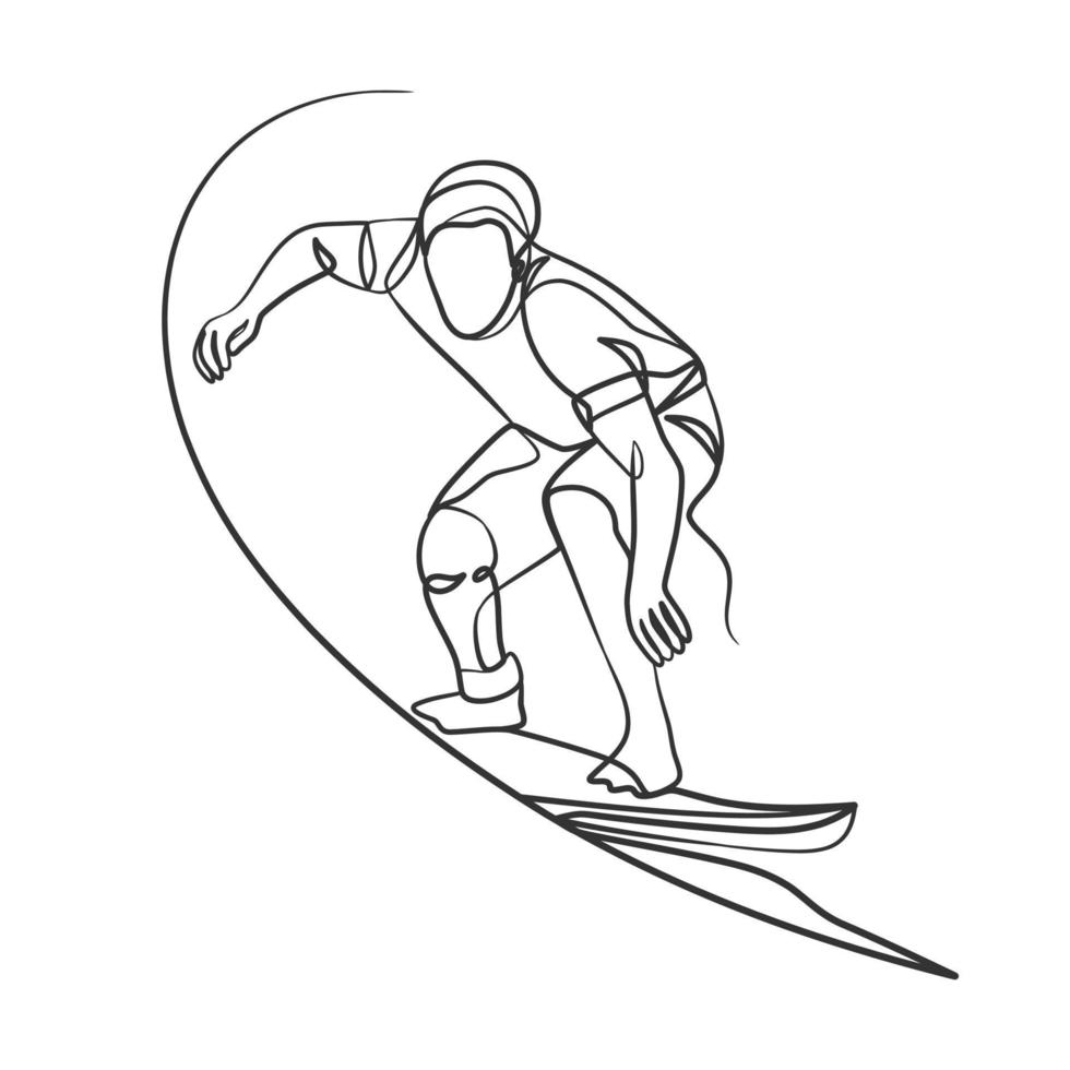 dibujo de línea continua de un surfista con una tabla de surf vector