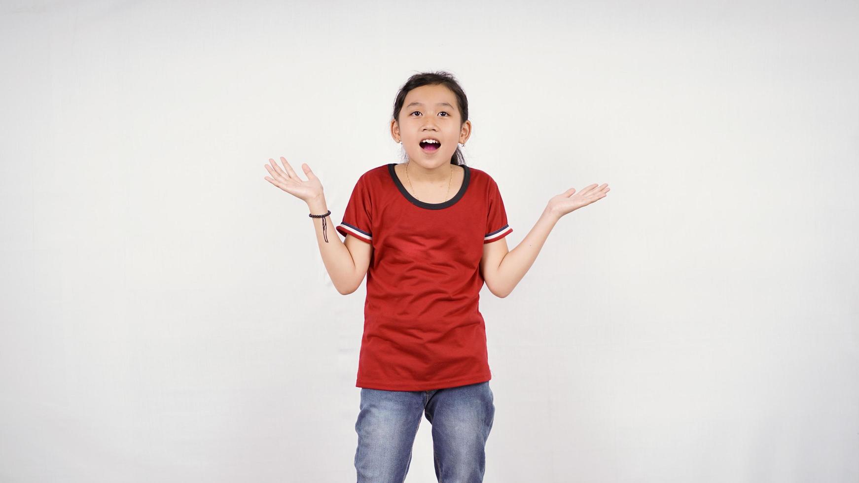 asian little girl showing surprised expression isolated on white background photo