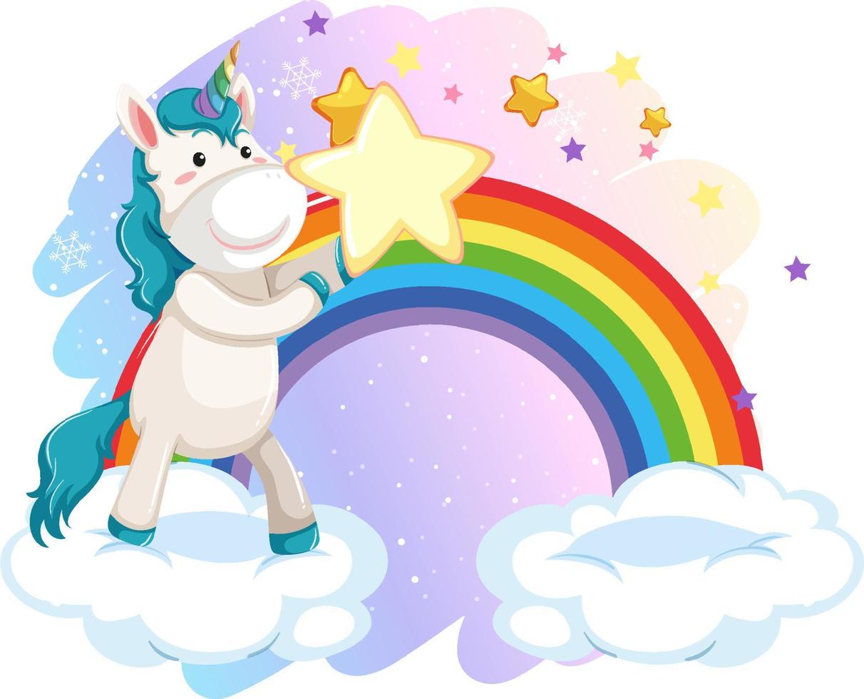 un pequeño unicornio sosteniendo una estrella en un cielo pastel vector