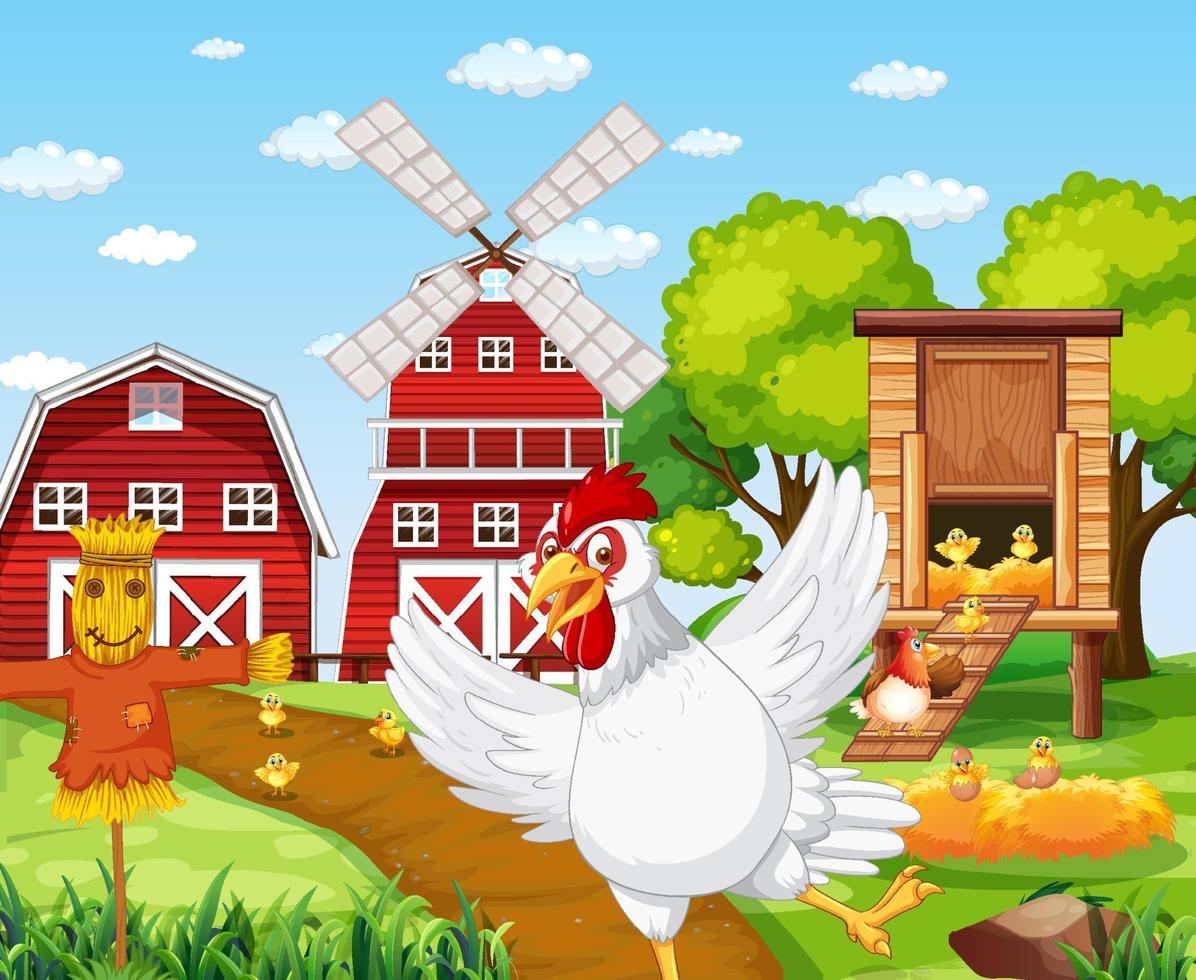 escena de la granja con personaje de dibujos animados de pollo vector