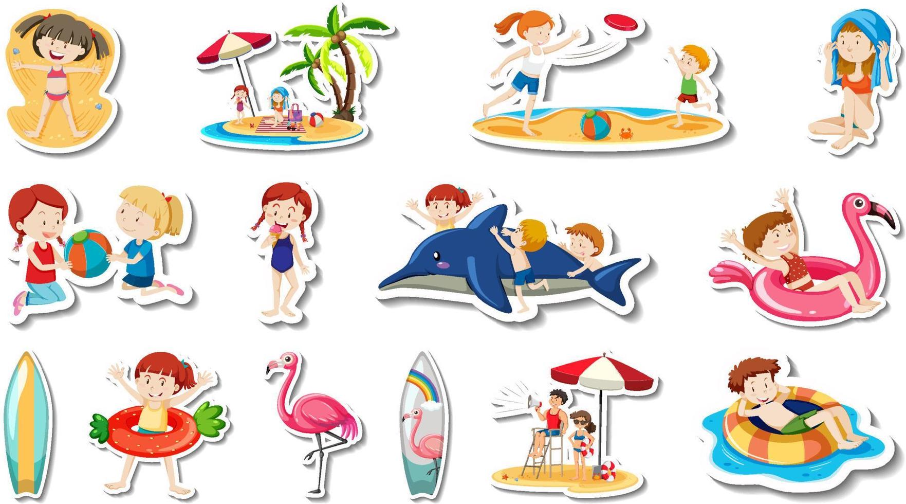 conjunto de artículos de playa de verano y niños. vector
