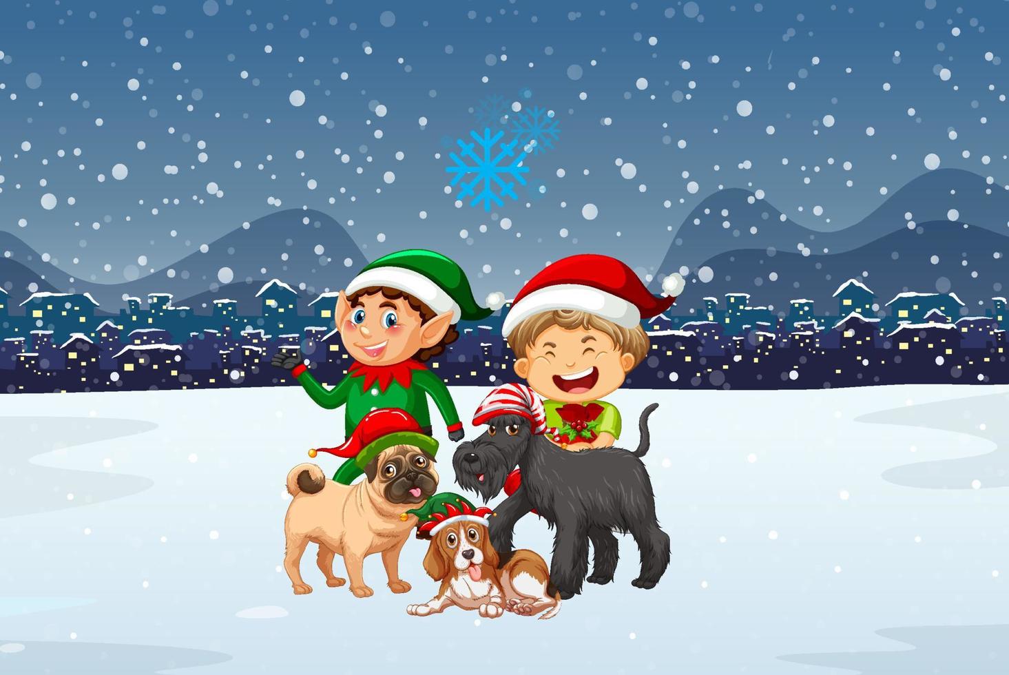 noche de navidad nevada con personajes de dibujos animados vector