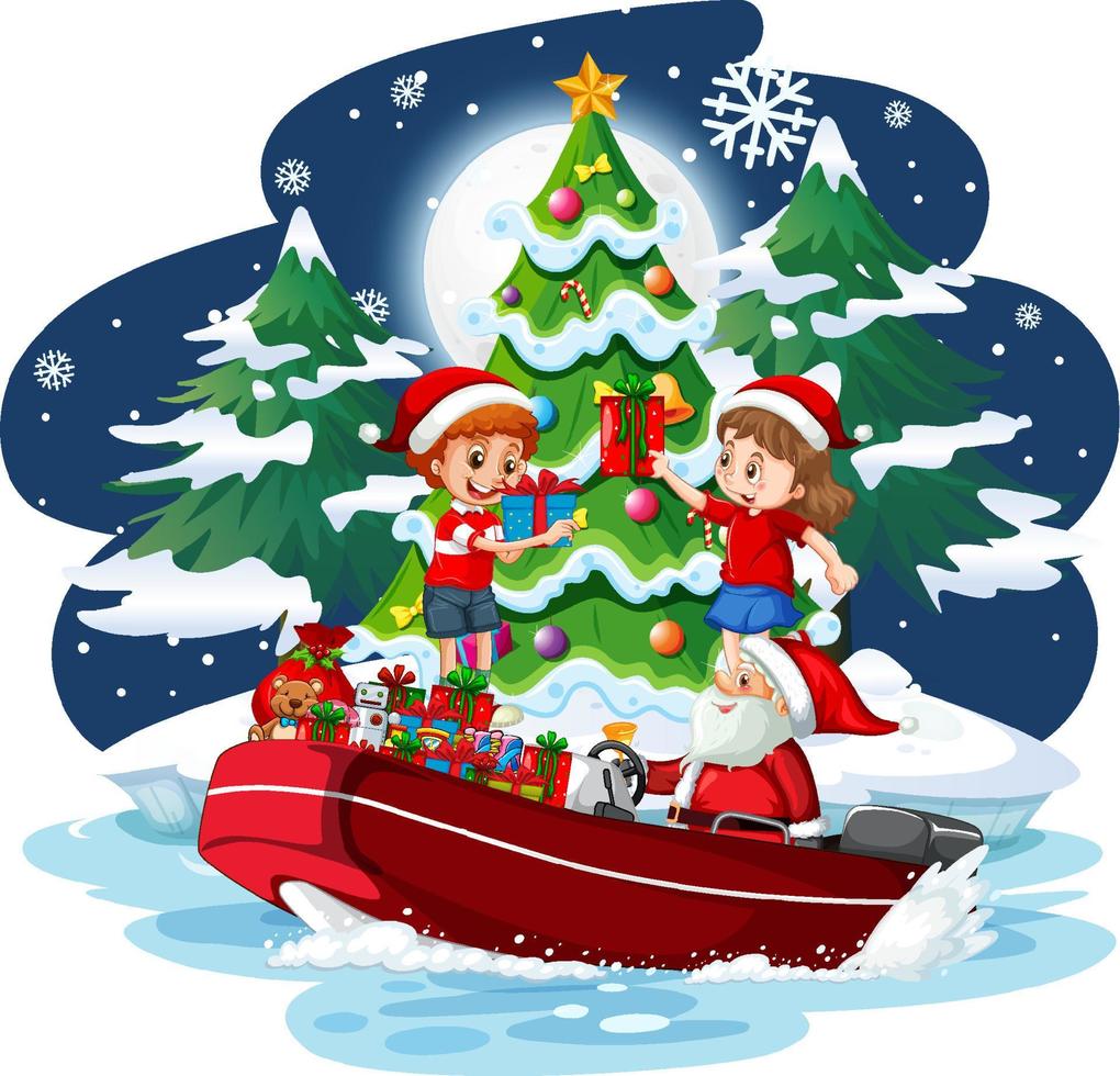 Santa Claus on a speedboat at snowy night vector