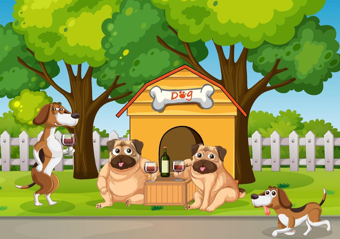 Four dogs drinking wine in the park vector