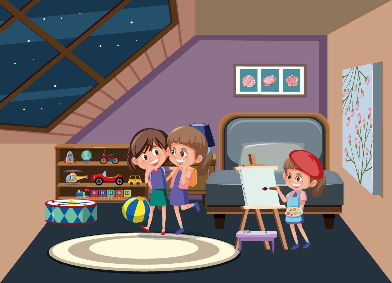 escena de la habitación del ático con niños felices vector