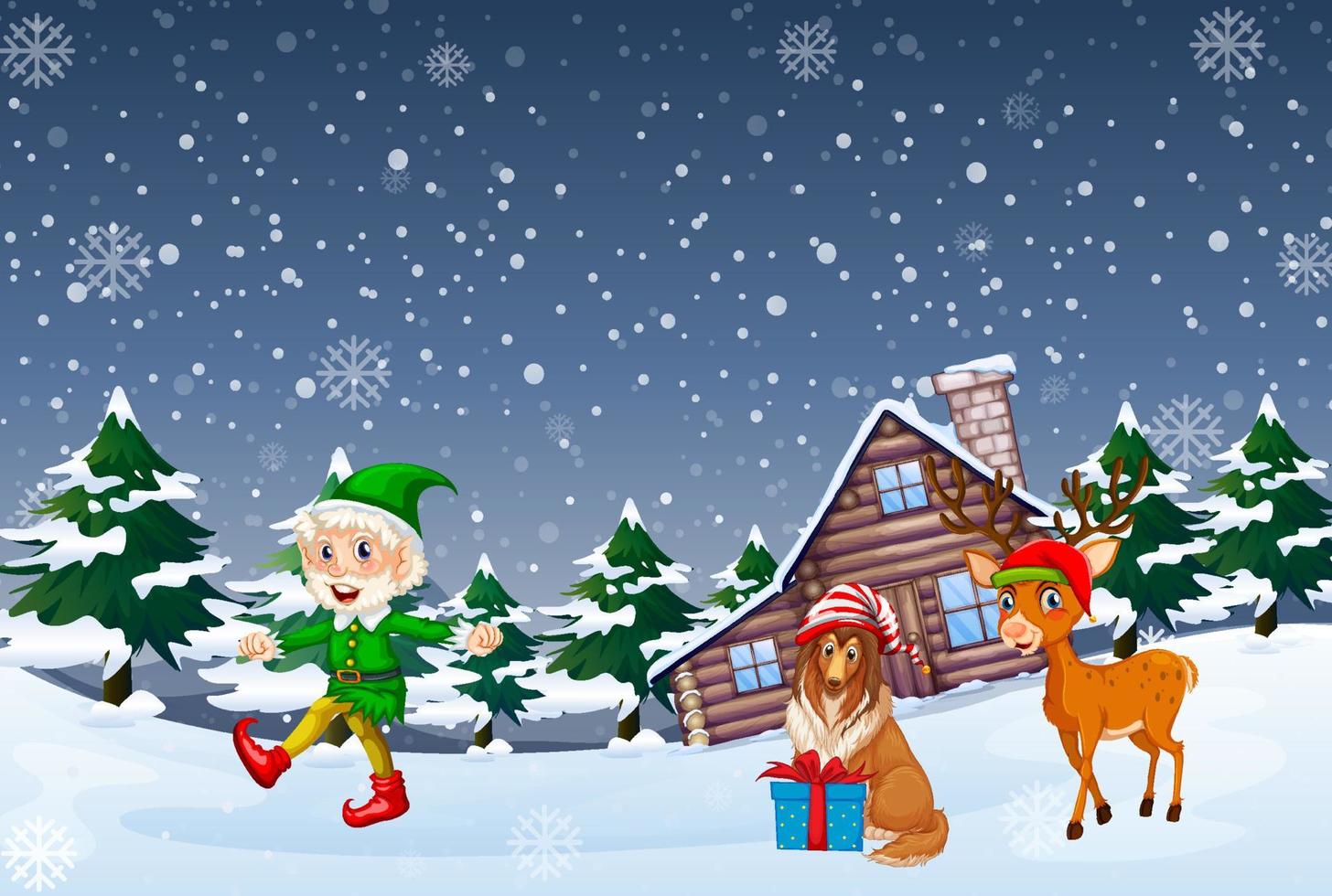 noche de navidad nevada con personajes de dibujos animados vector