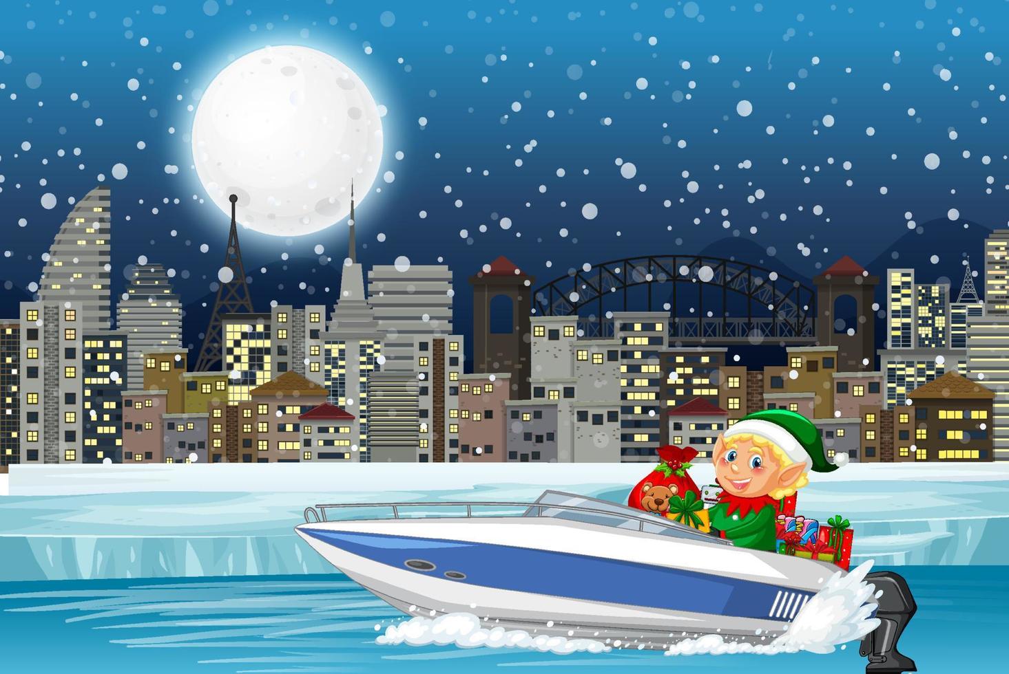 Snowy night with cute elf delivering gifts by speedboat vector