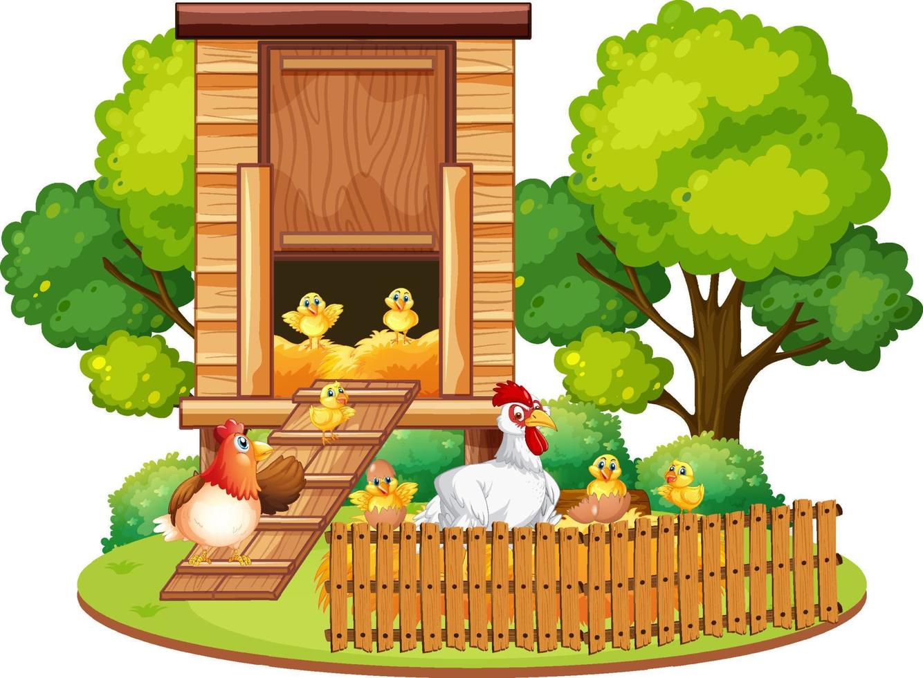 An isolated scene with a group of chickens in cartoon style vector