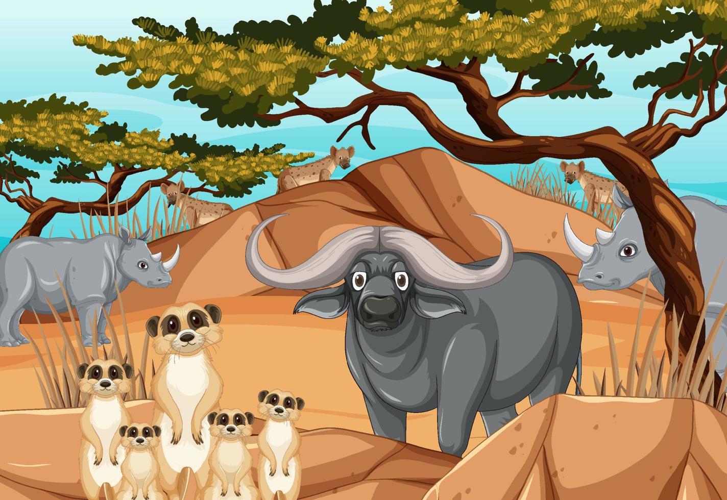 Wild animals in savanna forest scene vector