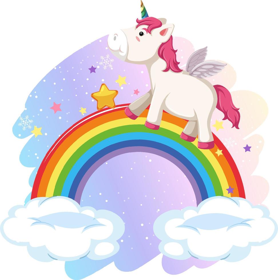 Pink pegasus standing on rainbow in cartoon style vector