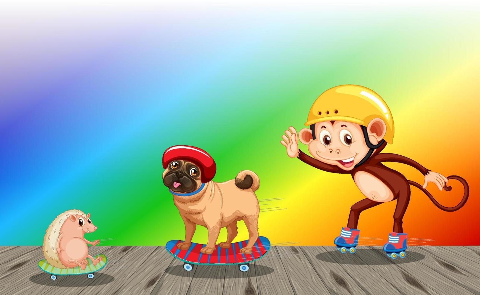 Monkeys playing skateboard on rainbow gradient background vector