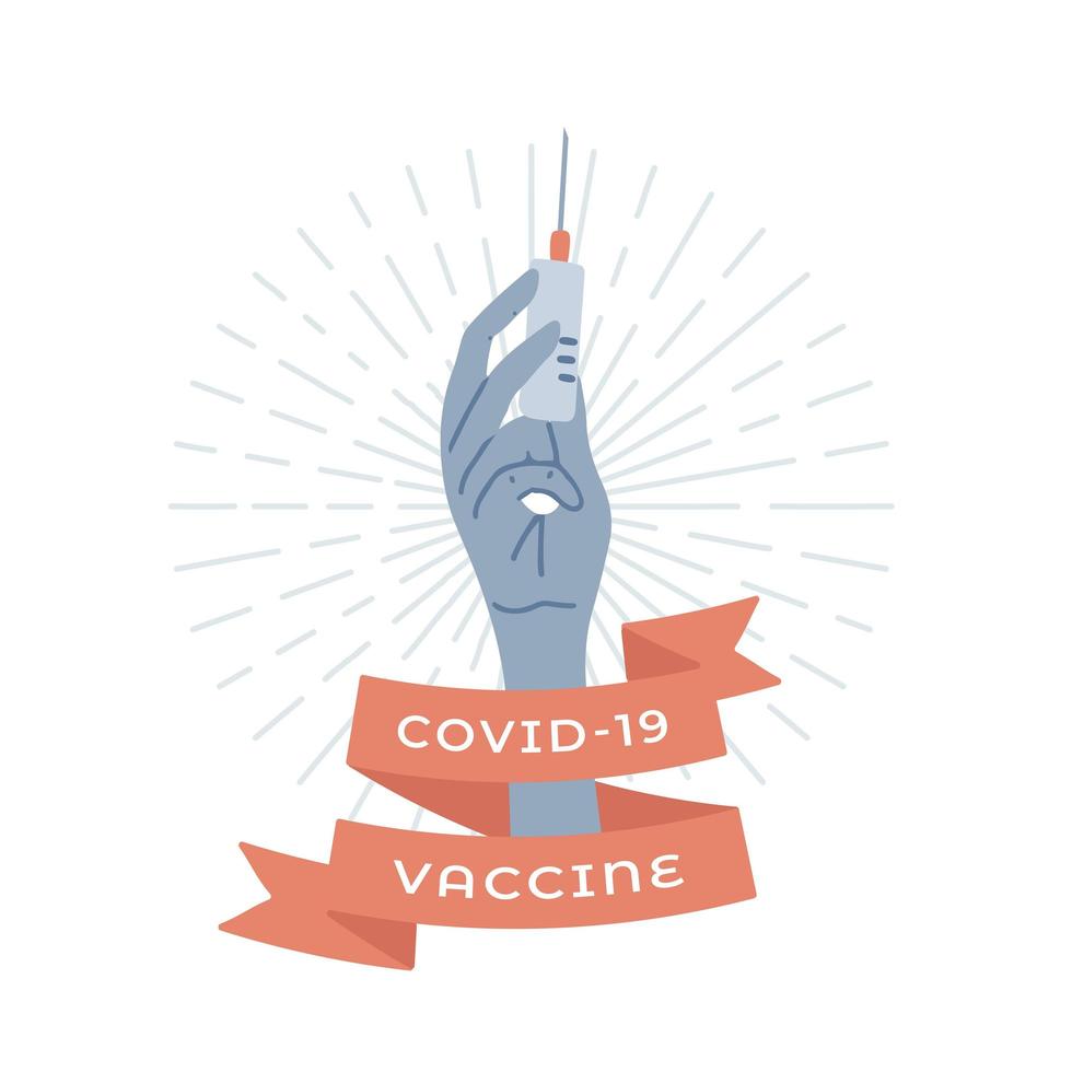 logotipo de vacunación detener el coronavirus. mano en guante médico sosteniendo una jeringa médica con una aguja. cartel de propaganda con texto vacuna covid-19 en cinta roja. ilustración plana vectorial. vector
