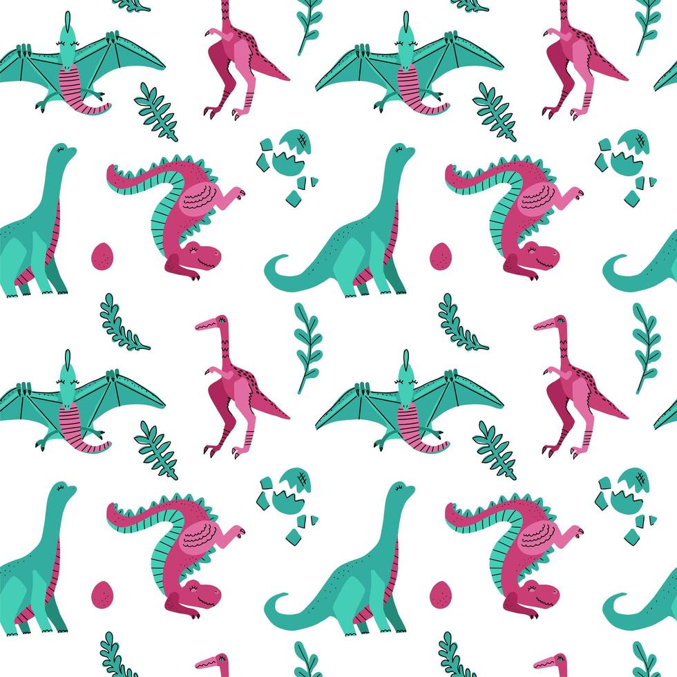 lindo patrón vectorial infantil sin costuras con dinosaurios con huevos, plantas. dinosaurios divertidos dibujos animados sobre fondo blanco. diseño de garabatos dibujados a mano para niñas, ilustración infantil para ropa de moda, tela vector