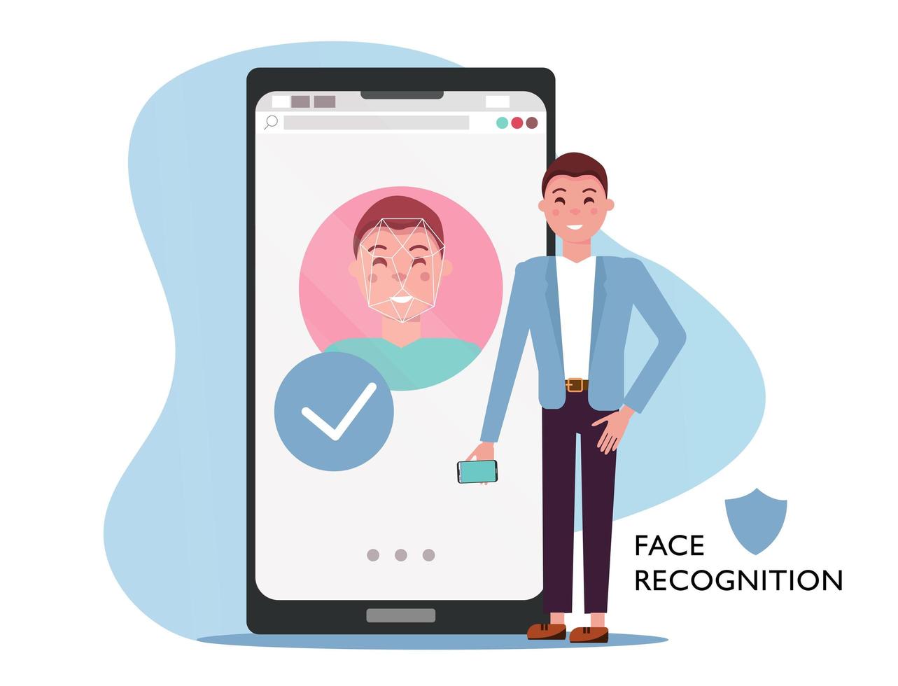 Face id concept. Man with mobile phone, male face on big smartphone screen. Personality Recognition in mobile app, modern phone with security system. Flat cartoon vector illustration