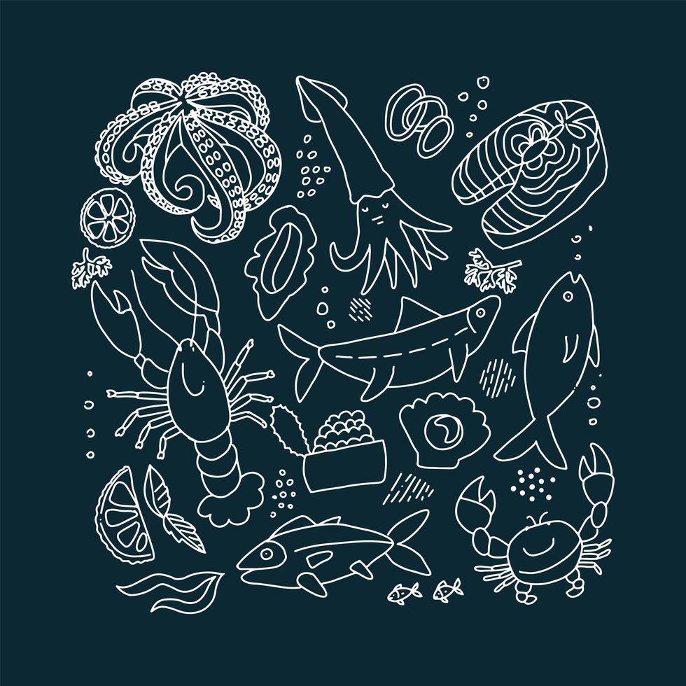 Chalk style Set of flat color doodle hand drawn rough seafood sketches.Vector graphic collection of marine inhabitants in outline doodle style on black background. Fish slices, lobster, crab, squid vector