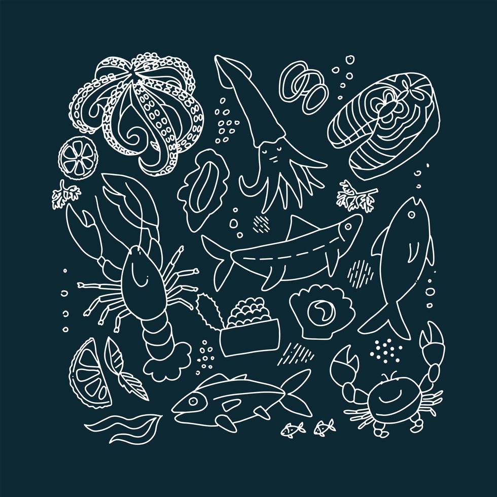 conjunto de estilo de tiza de bocetos de mariscos ásperos dibujados a mano de garabato de color plano. colección gráfica vectorial de habitantes marinos en estilo de garabato de contorno sobre fondo negro. rodajas de pescado, langosta, cangrejo, calamar vector