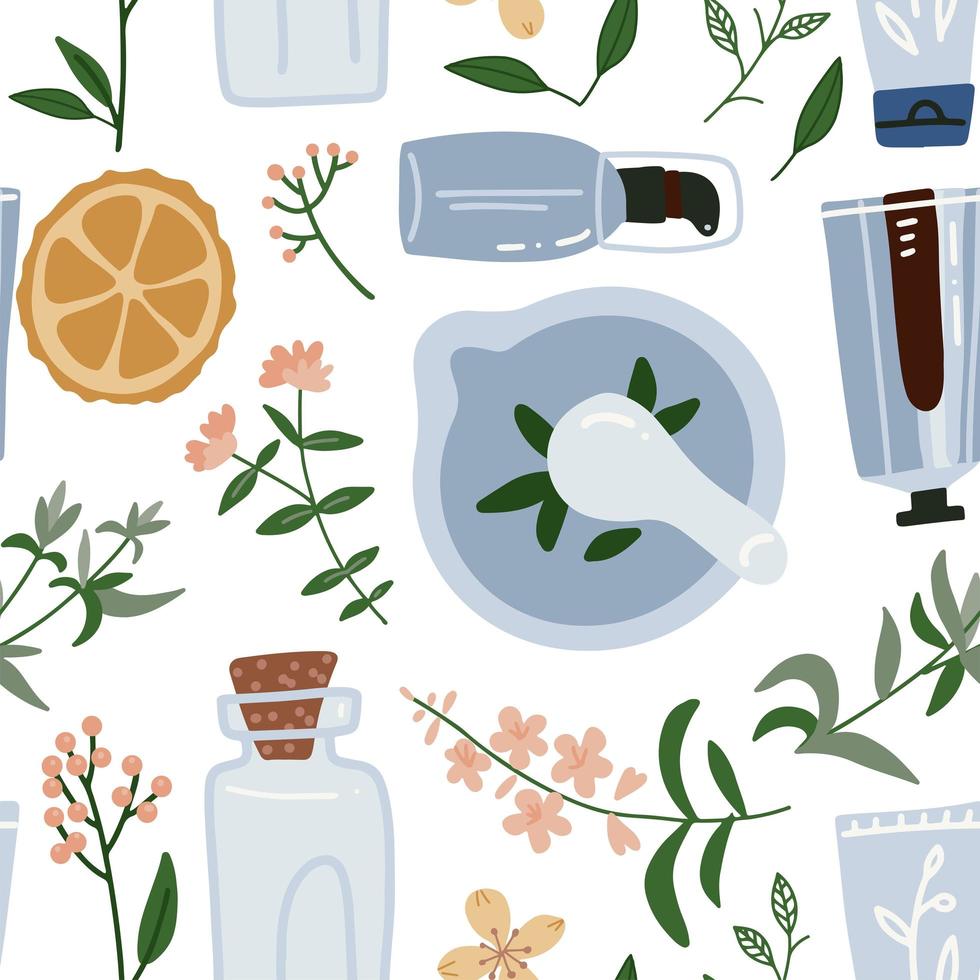 Seamless pattern with wimd flower, leaves, essential oil, and mortar and pestle. Cosmetic, perfumery and medical plant. Vector flat hand drawn illustration.