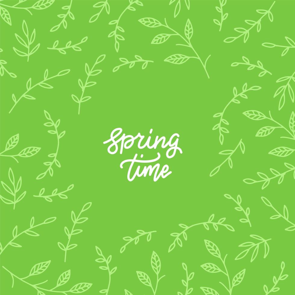 Spring time. Simple doodle lettering. Hand drawn vector combination of a word with branches and leaves. Ideal fresh line design.