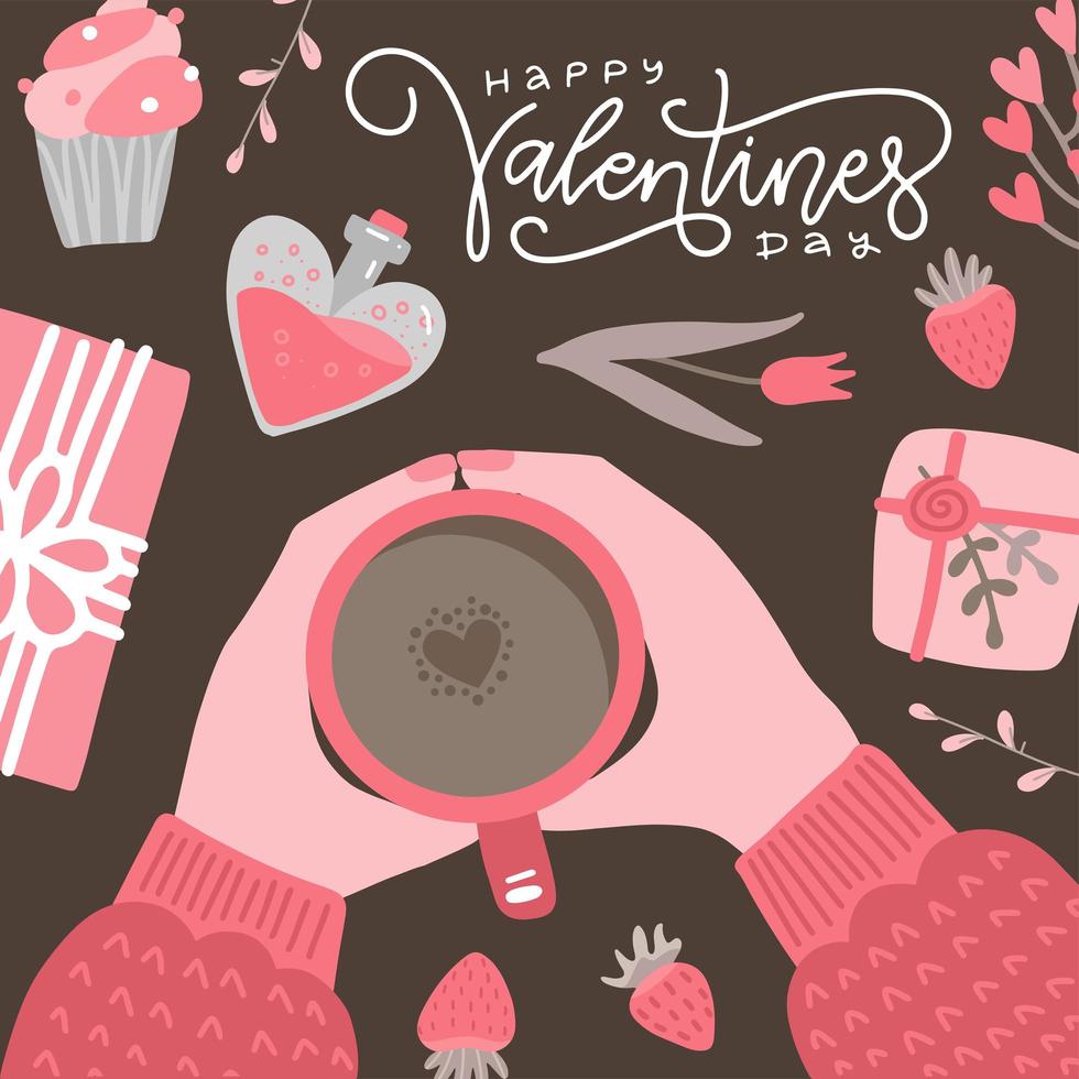 Valentine s day handwritten lettering caligraphic card with two hands holding cup of coffee with latte art heart shape. Retro flat vector illustration. Coffee lover with romantic elements.