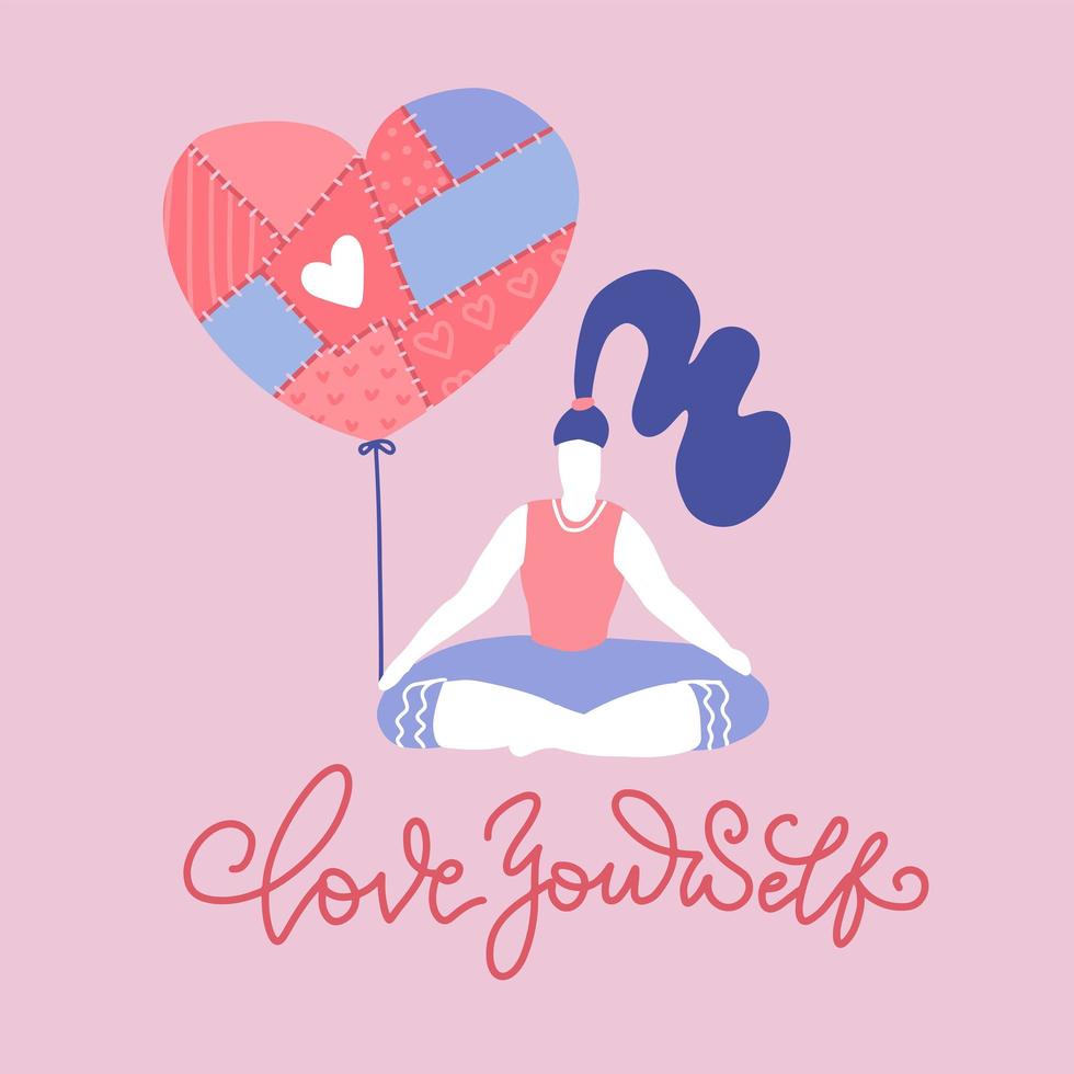 Love yourself - lettering greeting card. Self love and care concept. Happy girl in lotus asana with heart shaped balloon. Doodle character sitting cross legged and meditating. Flat vector design.