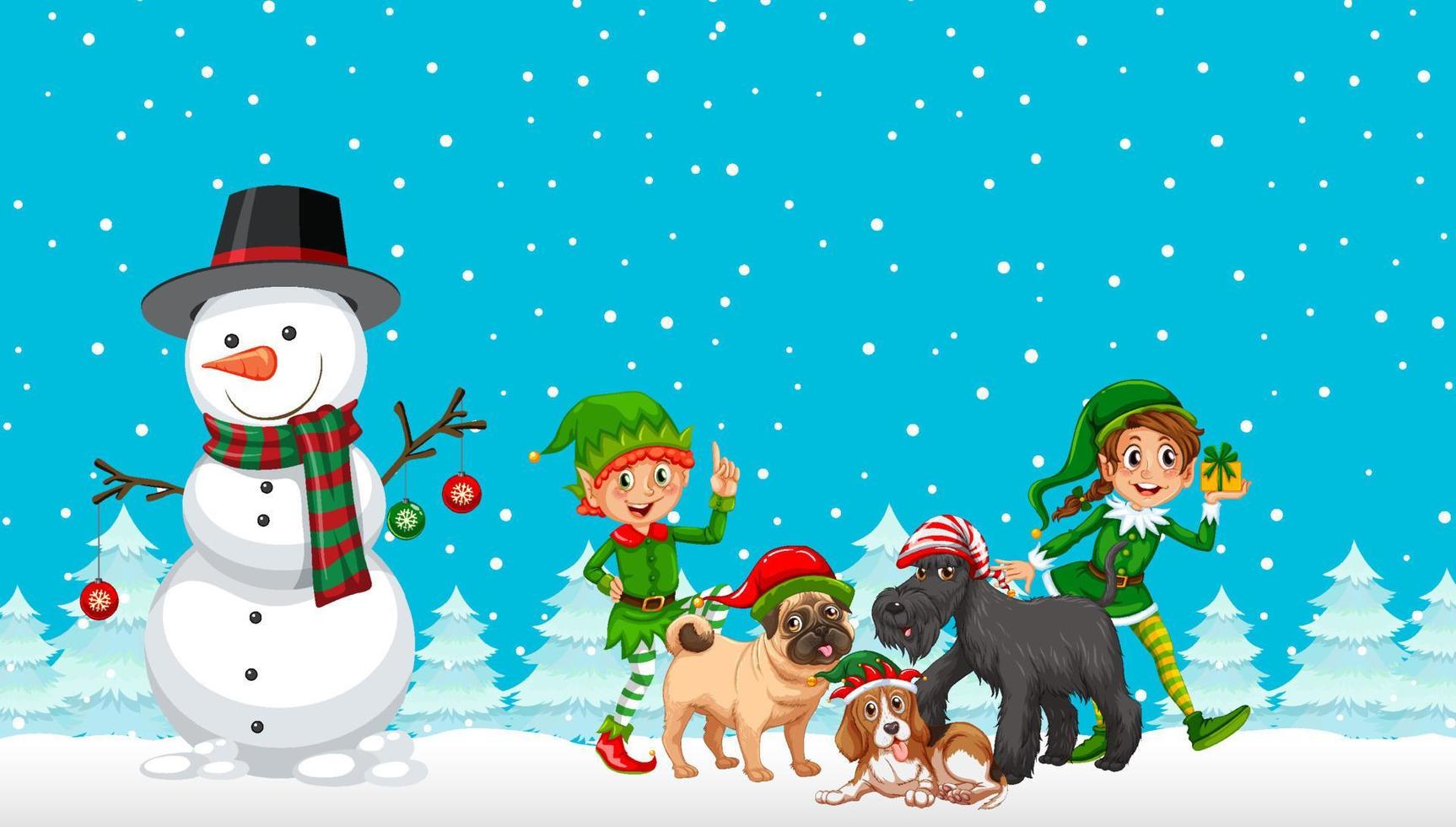 Christmas cartoon characters on snowy blue background vector