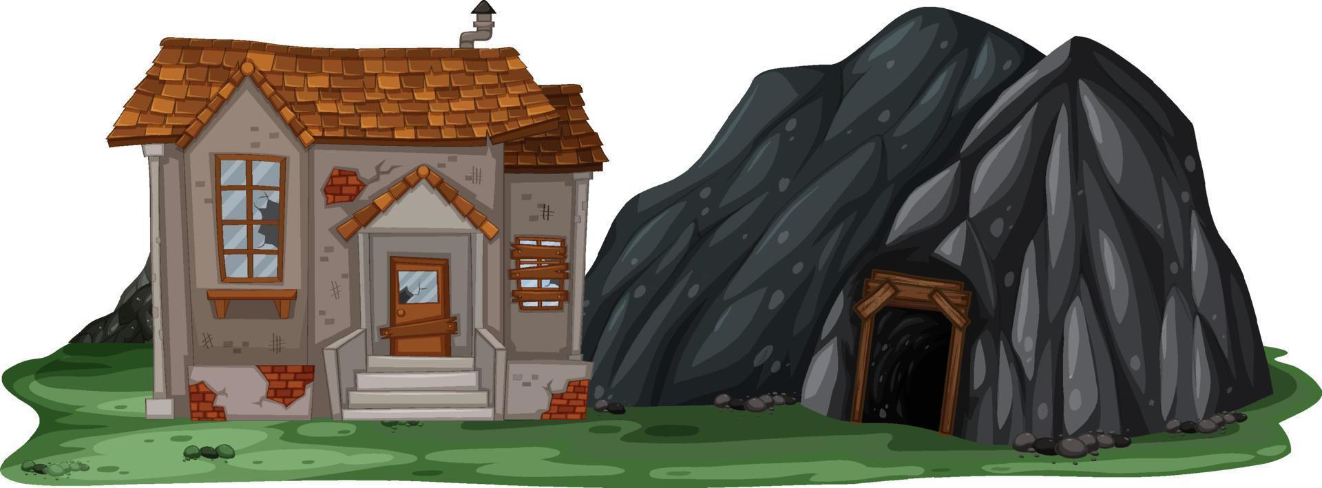An abandoned house with a rock cave on white background vector