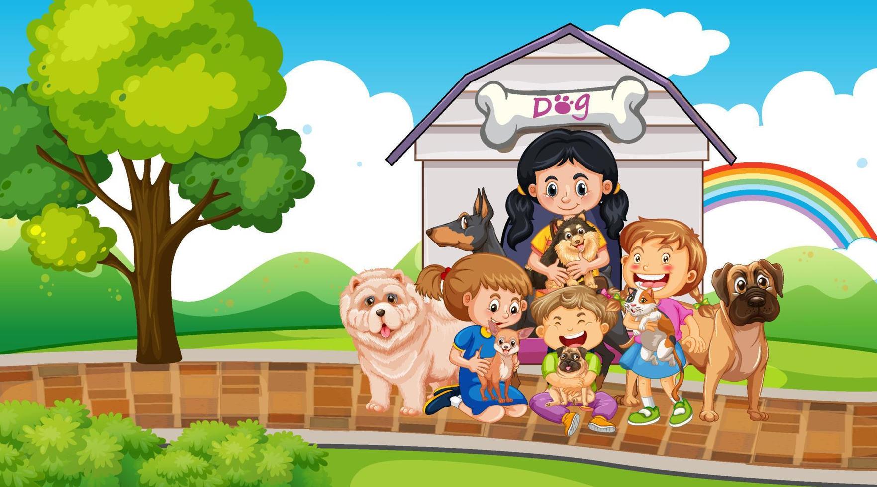 Park scene with children playing with their pets vector