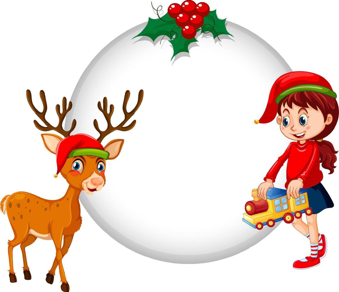 banner vacío en tema navideño con una niña y un reno vector