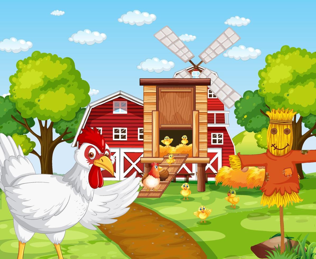 escena de la granja con gallina y pollitos en estilo de dibujos animados vector