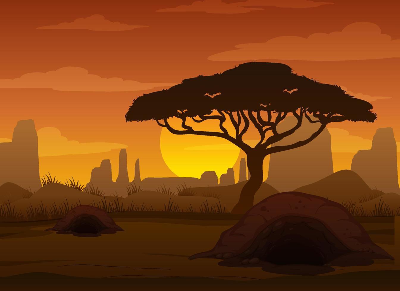 Silhouette savanna forest at sunset time vector