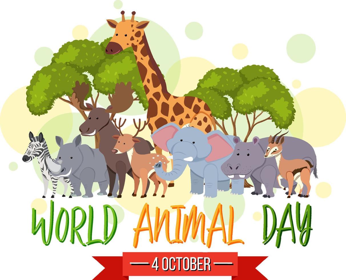 banner del día mundial de los animales con animales salvajes en estilo de dibujos animados vector