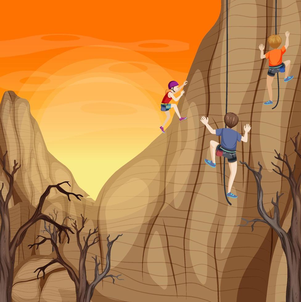 escena con gente escalando montañas rocosas vector