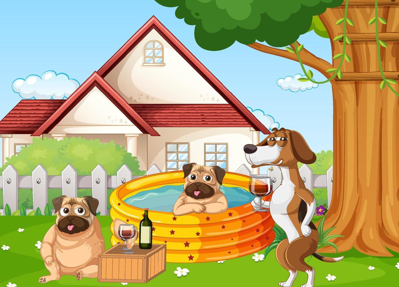 Dogs drinking wine by the pool at home vector