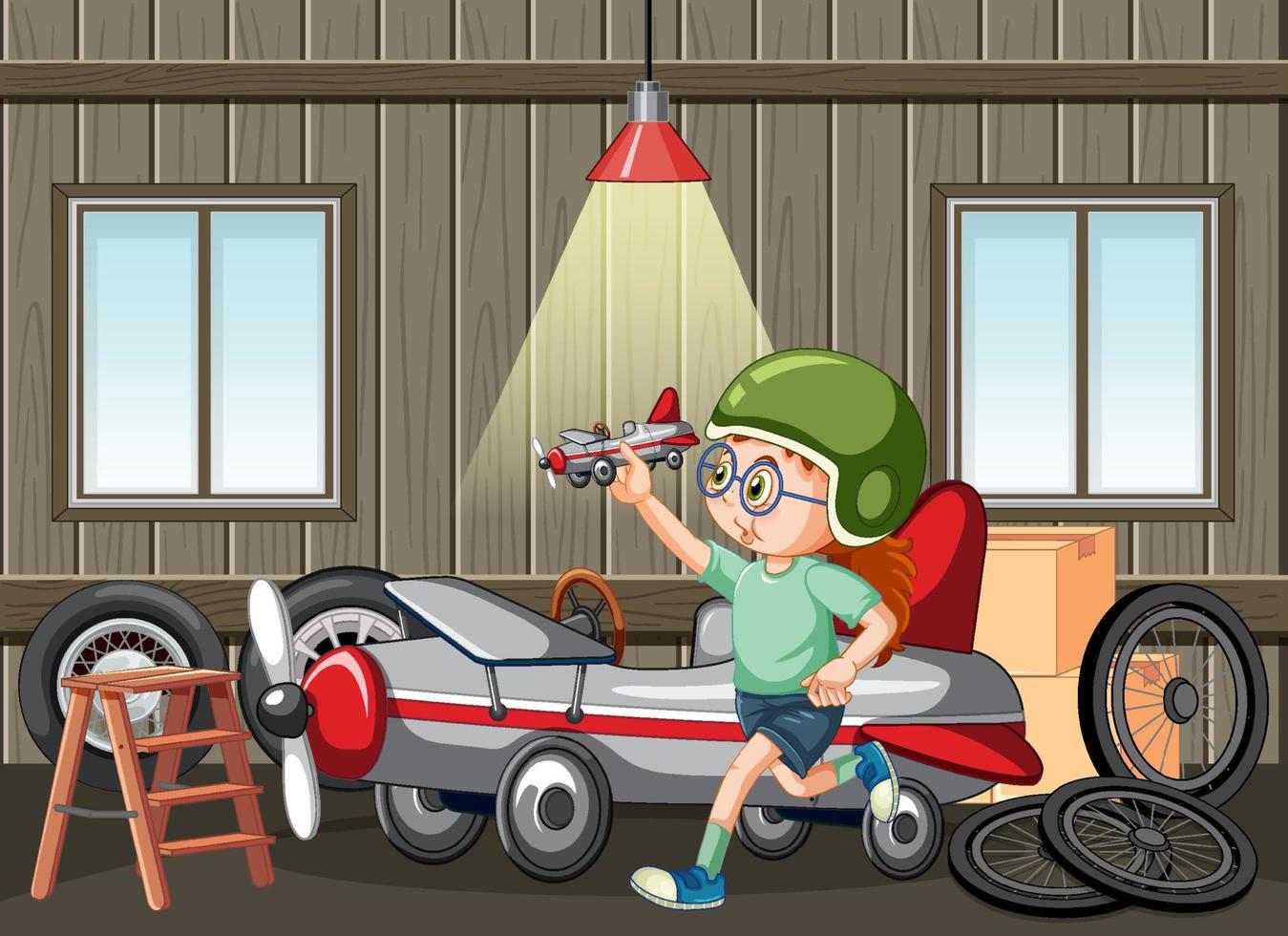 Garage scene with children fixing a car together vector