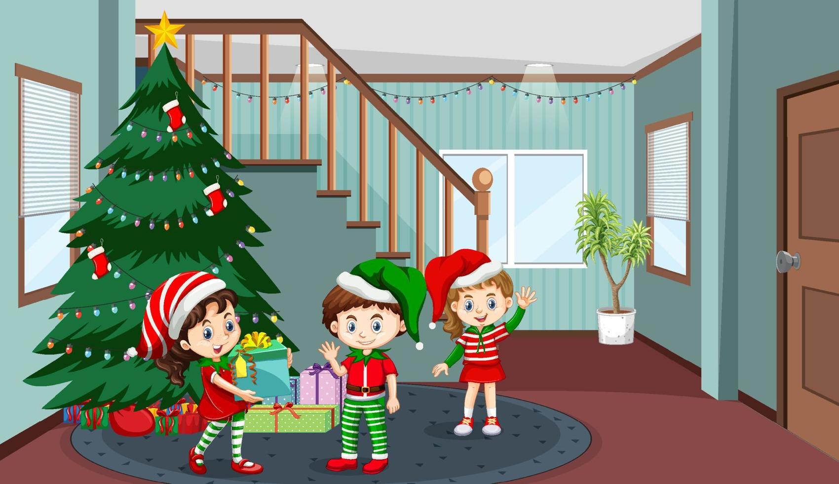 escena de la habitación con niños celebrando la navidad vector