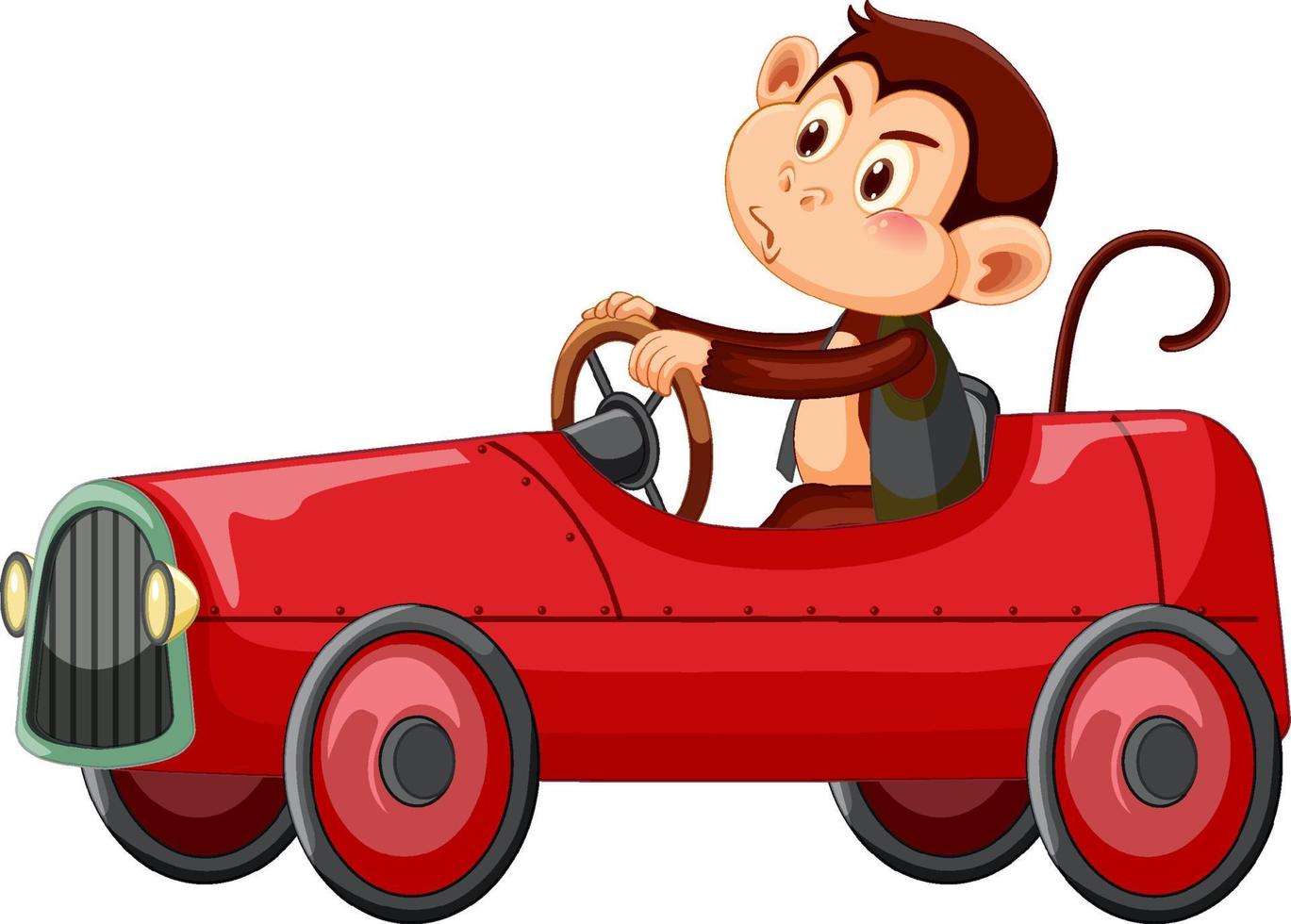 Little monkey driving red race car on white background vector
