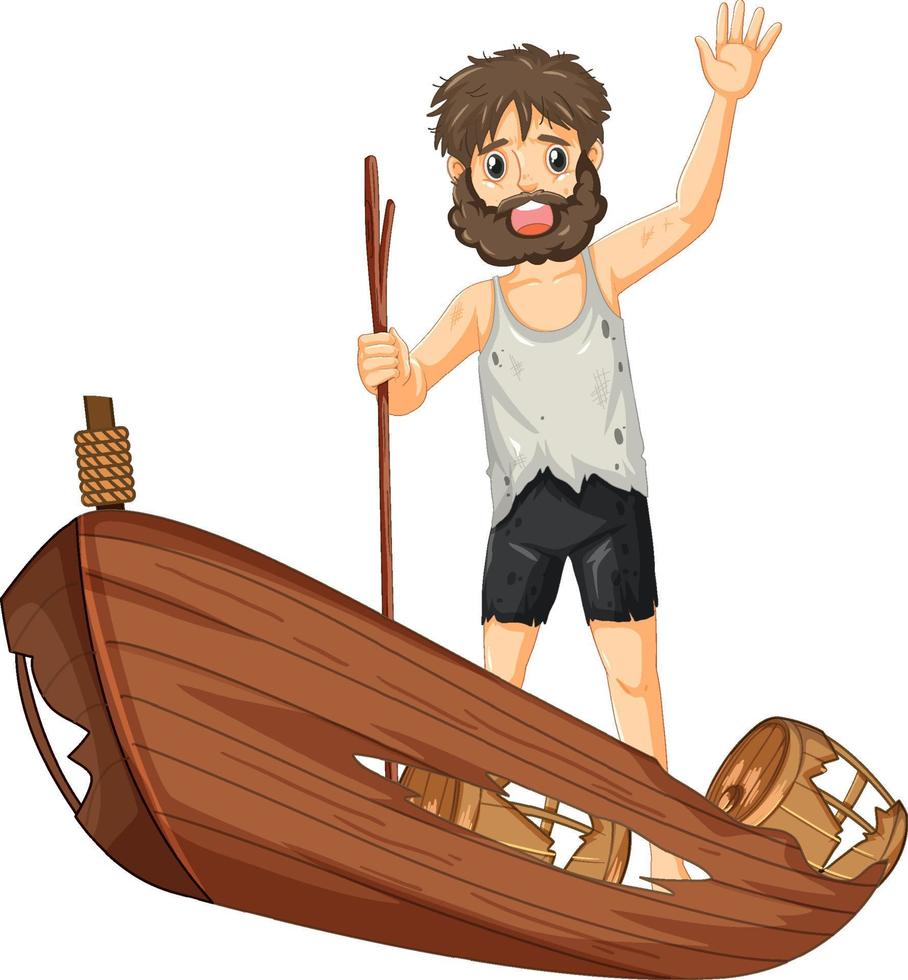 Isolated sad castaway man on a shipwrecked vector