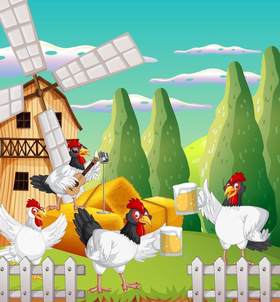 escena de la granja con pollos en estilo de dibujos animados vector