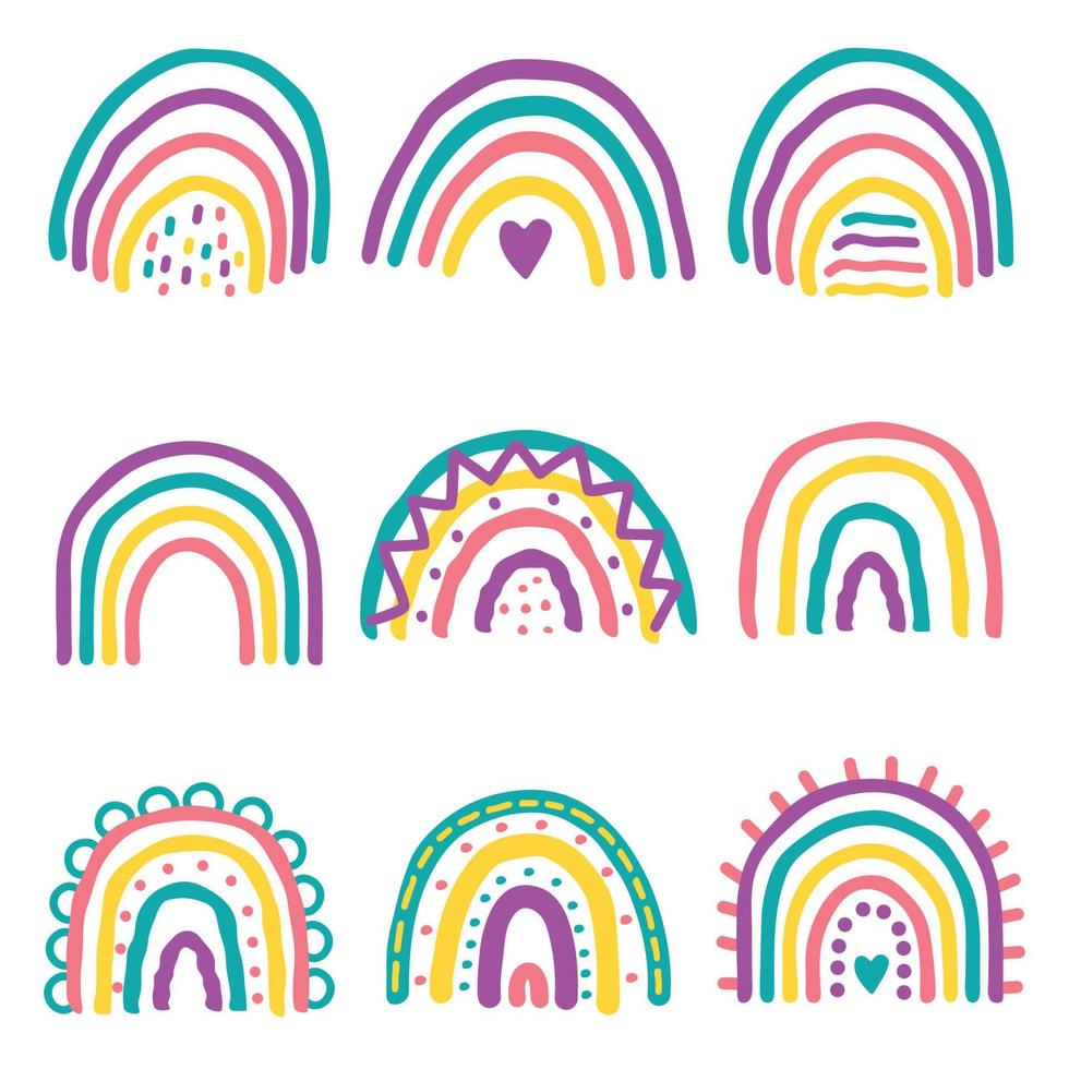 conjunto de ilustración de colección de arco iris y garabatos vector