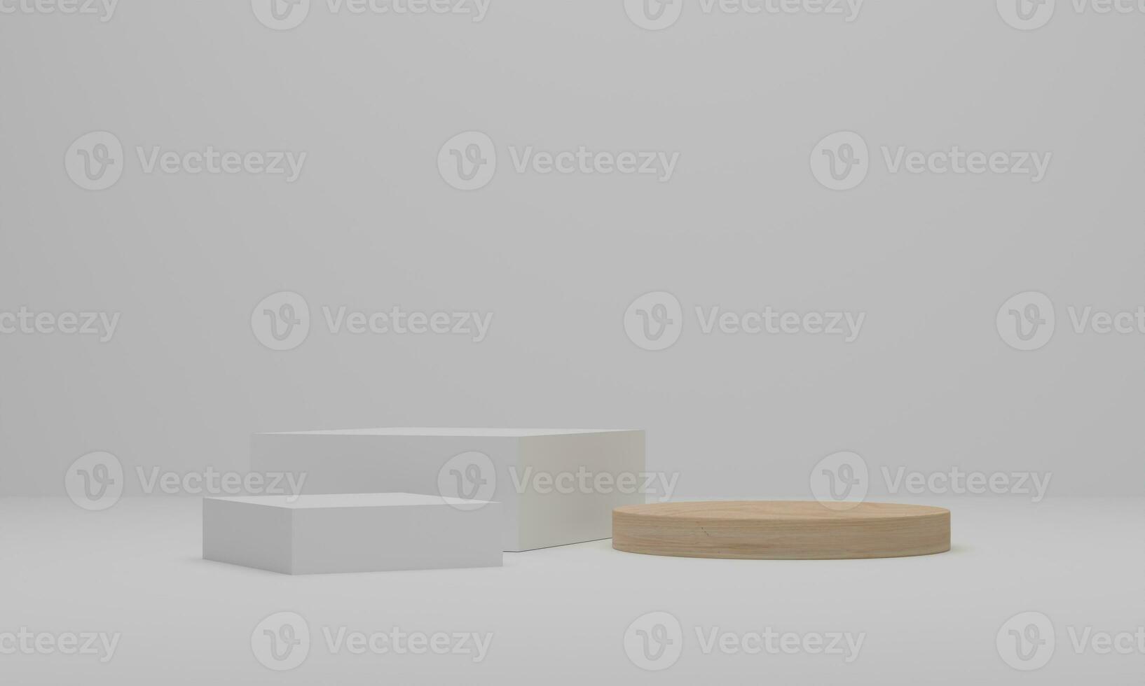 3d rendering. Wood podium on white background. Abstract minimal scene with geometric. Pedestal or platform for display, product presentation, mock up, show cosmetic product photo