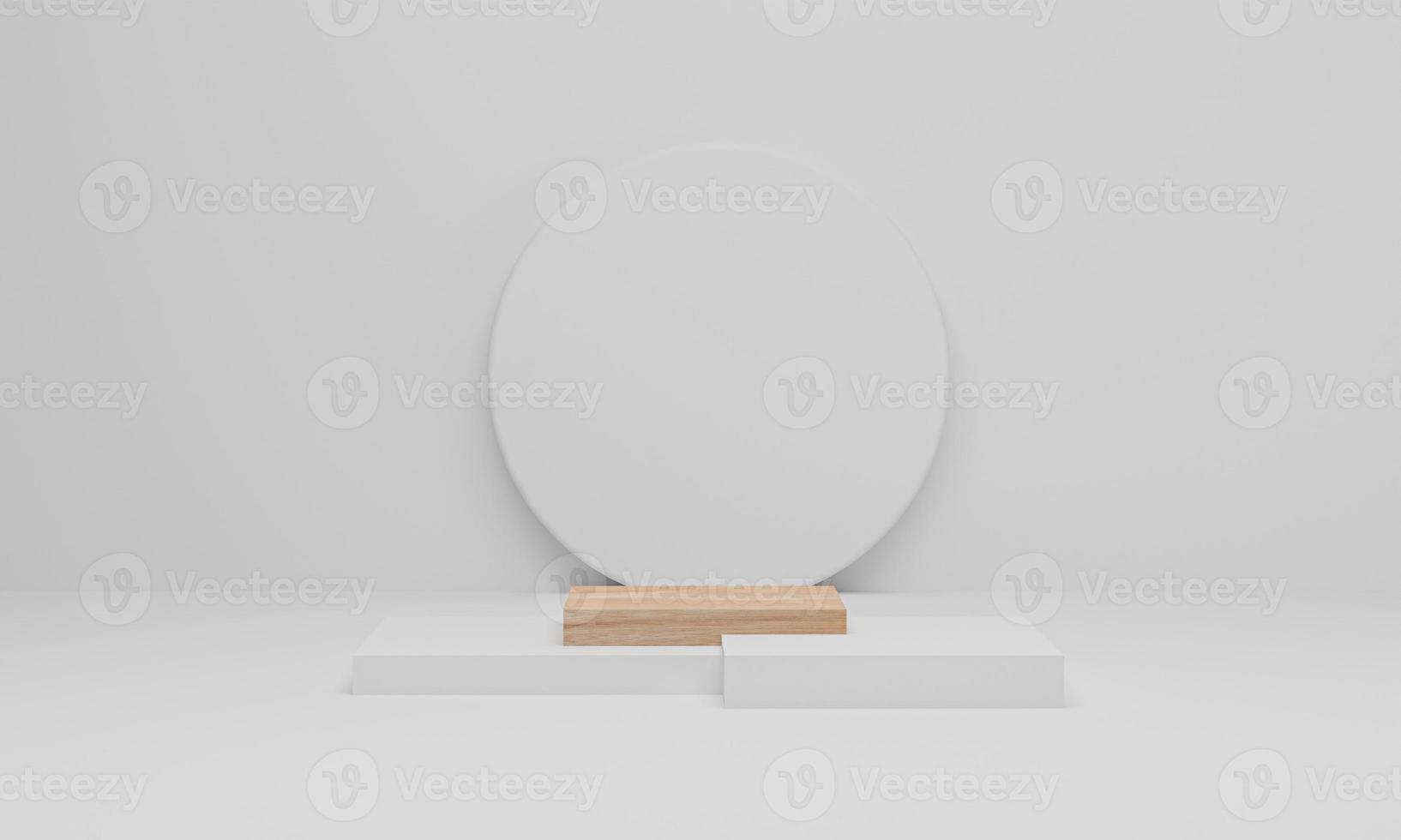 3d rendering. Wood podium on white background. Abstract minimal scene with geometric. Pedestal or platform for display, product presentation, mock up, show cosmetic product photo
