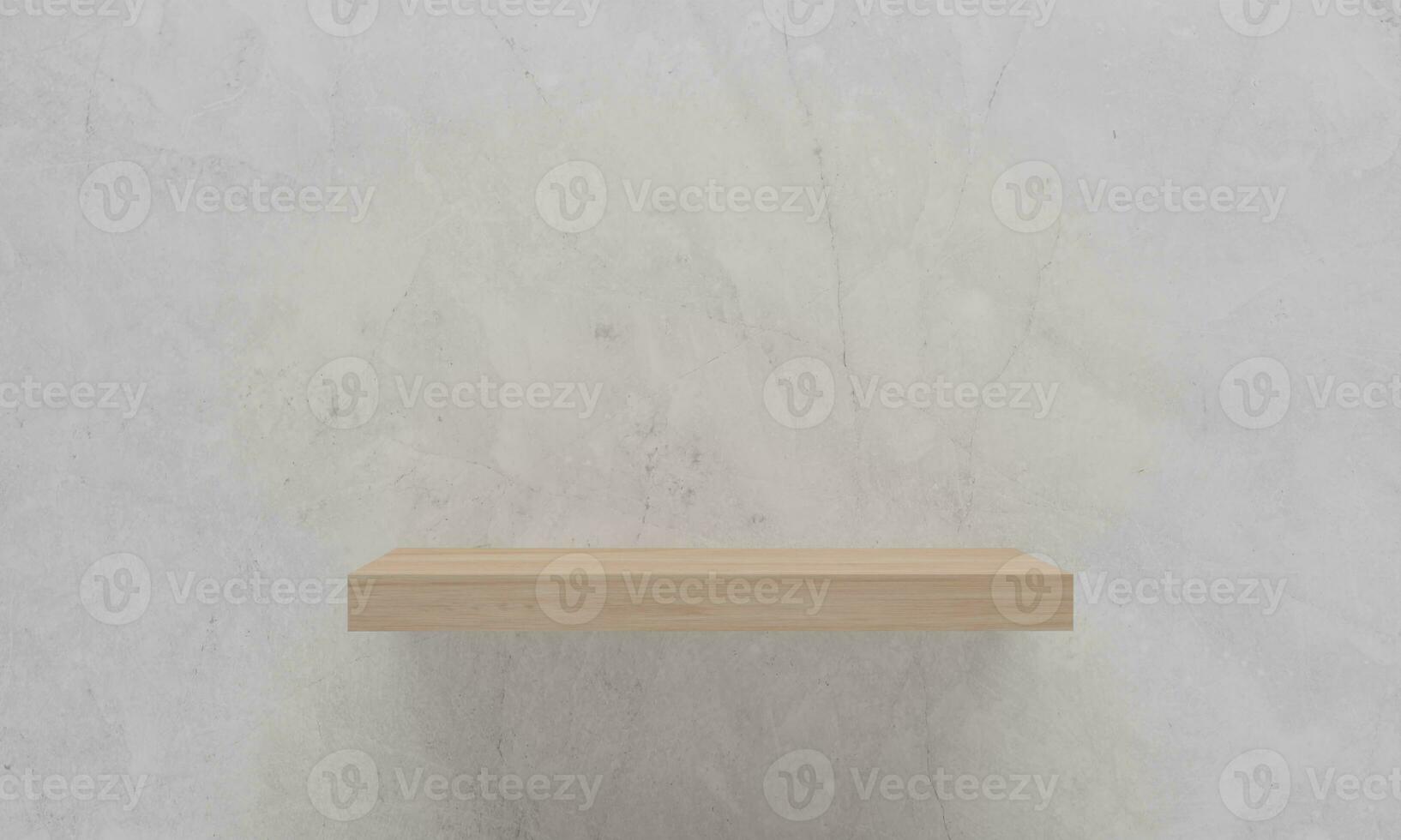 Empty wood shelf on cement wall background. 3D rendering . photo